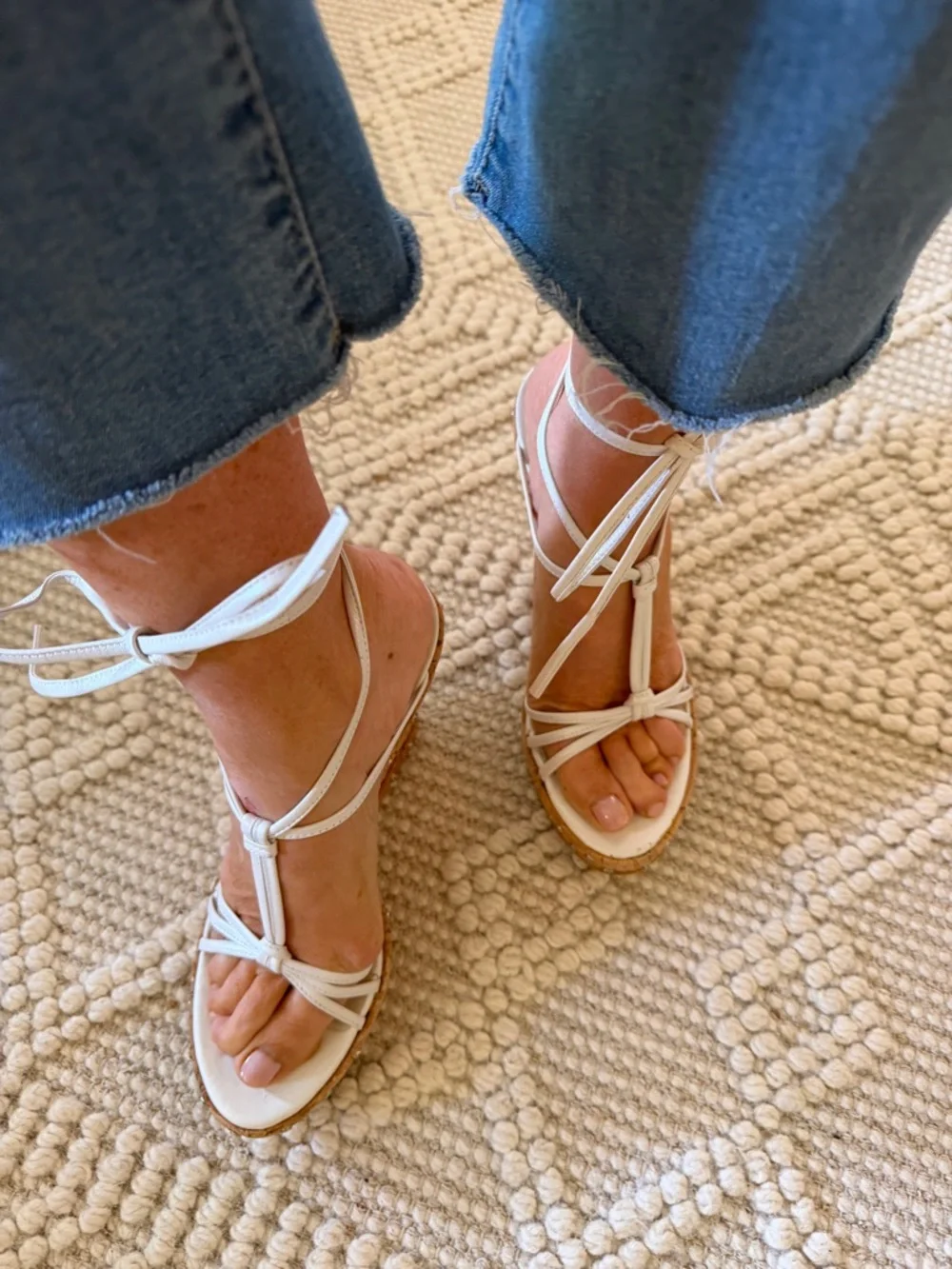 White Lace-Up Wedge Sandals with Natural Cork Platform - Picture 4 of 9